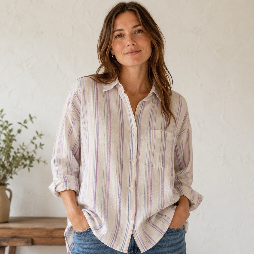 Gap Easy Shirt Linen Blend Button-Up Women XL Striped Long Sleeve Beach Cottage